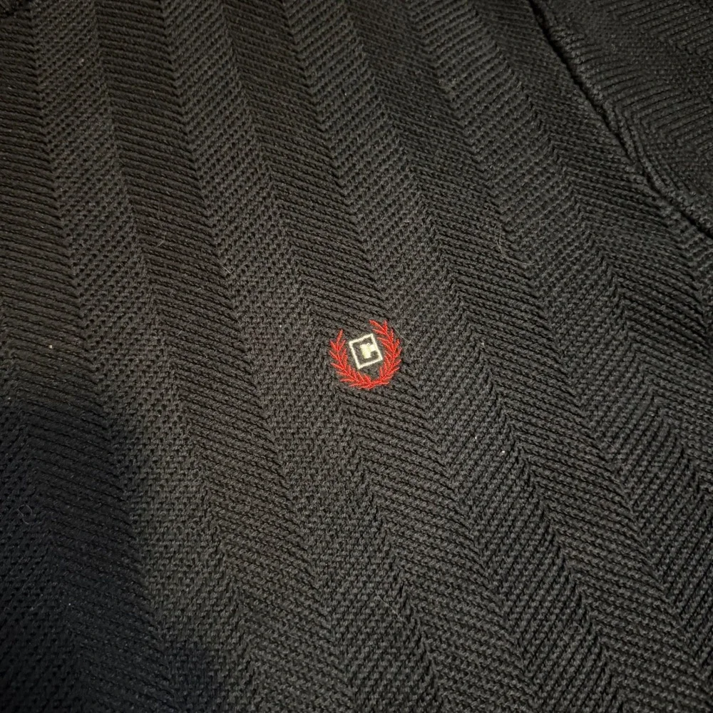 Chaps Mens XL Black Herringbone Textured Cotton Crewneck Sweater Red Trim Logo